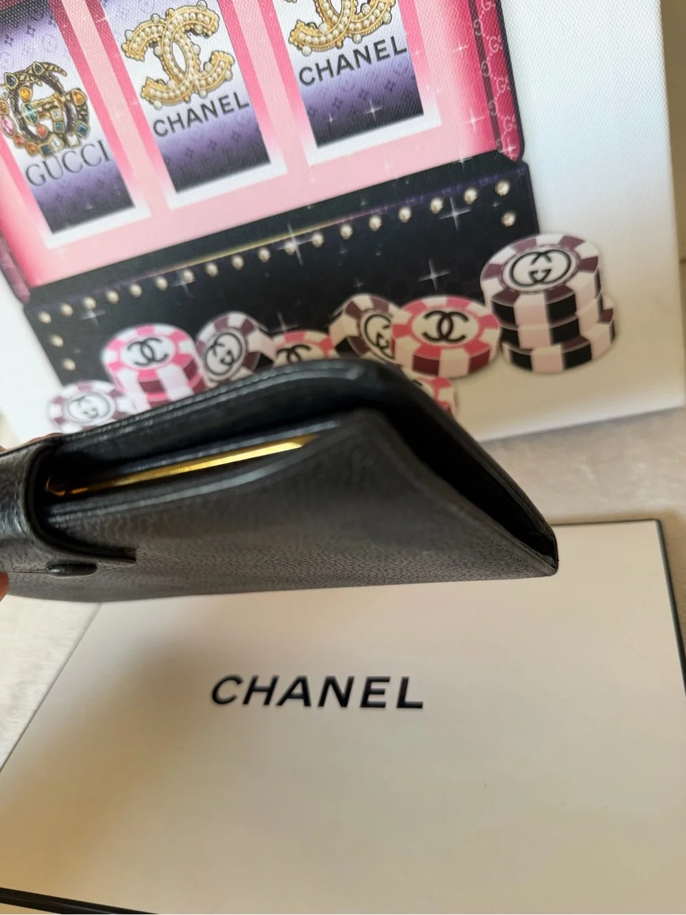 CHANEL Vintage Black Leather CC Logo Long Wallet